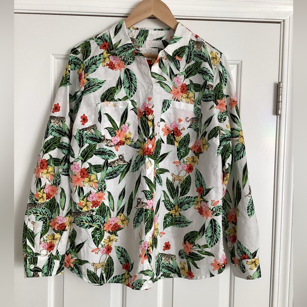 Charter Club Luxury Linen Tropical Hawaiian Shirt Button Down Shirt L